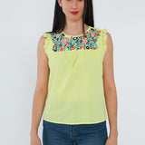 T-shirt sans manches jaune avec broderie